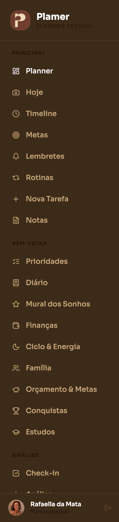 Menu de funcionalidades PLAMER